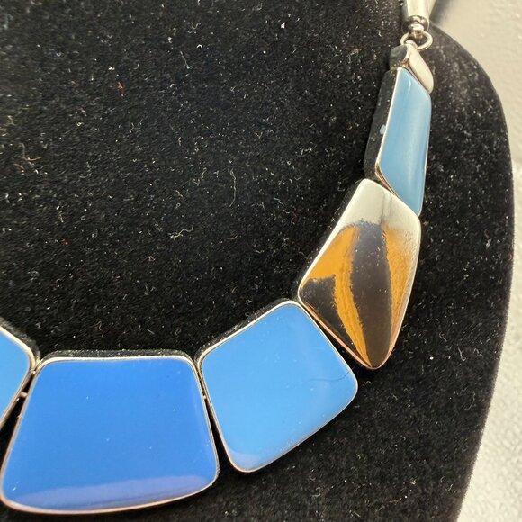 Blue & Silver Geometric Statement Necklace Chunky Modern Panels - Picture 3 of 9